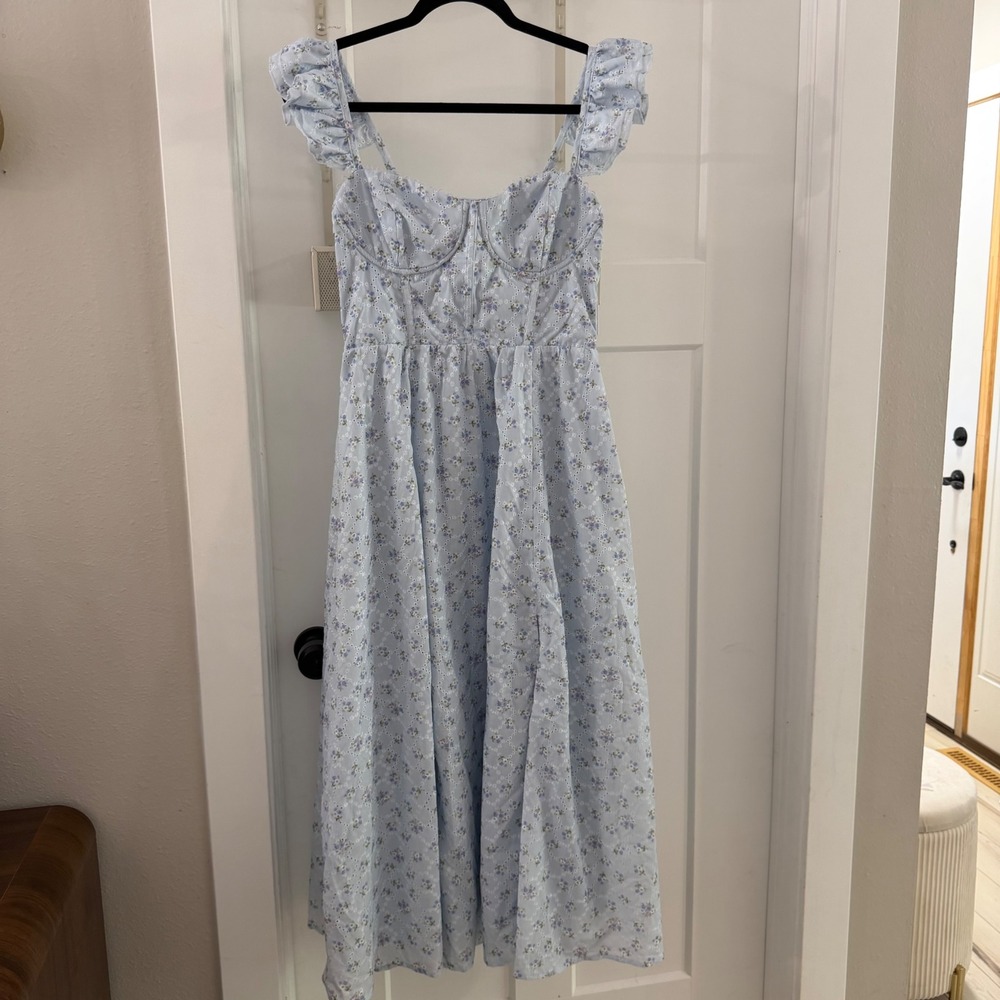 ASTR The Label Westalia Ruffle Strap Eyelet Corset Midi Dress Blue Floral M NWT